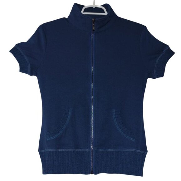 Navy Blue Full Zip Short Sleeve Cardigan Size XS Poly Cotton Blend - Picture 1 of 7